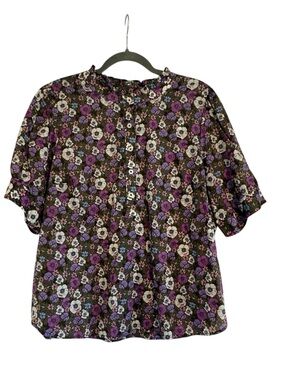 Talbots Floral Button-Front Ruffled Collar Blouse – Purple, Cream & Brown